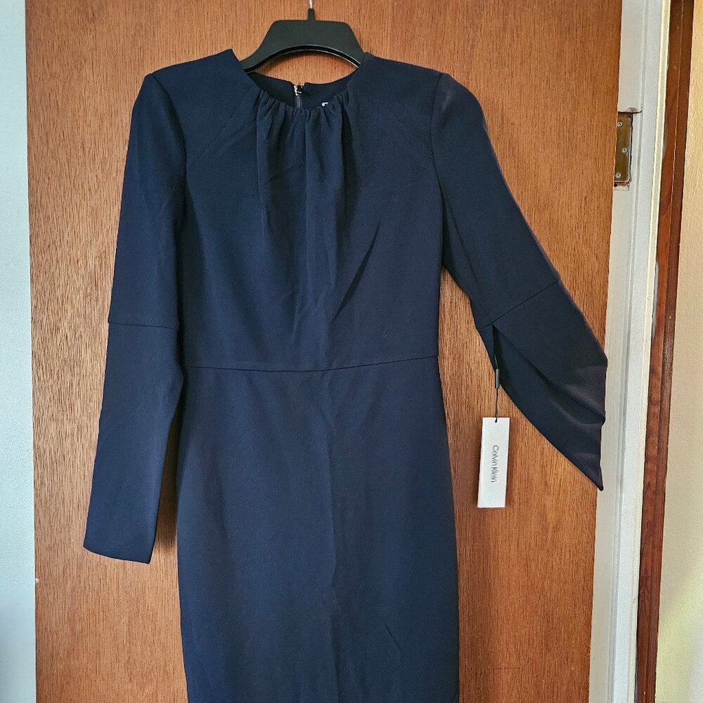 Calvin Klein Navy Long Split Sleeve Sheath Dress, Size 2